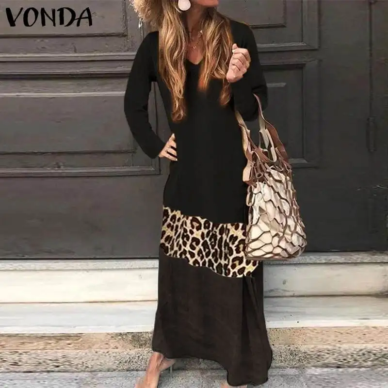 

Leopard Patchwork Sundress Women Bohemian Maxi Long Dress Plus Size VONDA 2020 Female Autumn Long Sleeve Dress Casual Vestidos