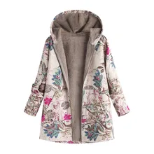Женская куртка, плюшевое пальто, женская ветровка, зимняя теплая верхняя одежда, цветочный принт, капюшон, карманы, Винтаж, больше размера, пальто размера плюс, F916