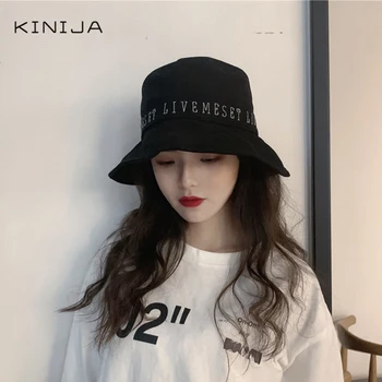 

summer autumn Korean women letter fisherman hat outdoor beach uv protection sun cap black cotton bucket hat girl men Panama cap