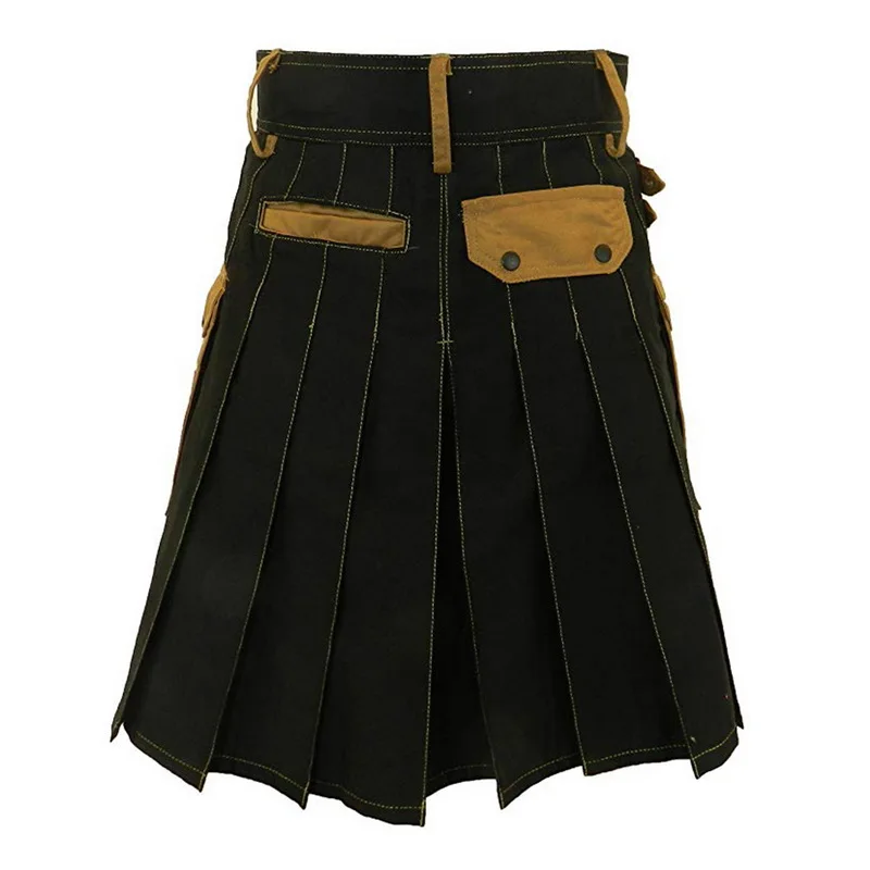 New Men's Scottish Kilt Utility Modern Classic Retro Kilt Pockets Costume Men Chain Brown Skirts Belt Lattice Plait Skirt