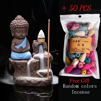 

50Pcs Incense Cones + Burner Home Decor The Little Monk Small Buddha Censer Backflow Incense Burner Home Office Teahouse