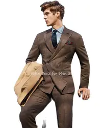 2Pcs Peak Lapel Jacket Pants Custom Made Brown Tweed Blazer Trousers Men's Suits Sets Groomsmen Wedding Party Wear Male Suits