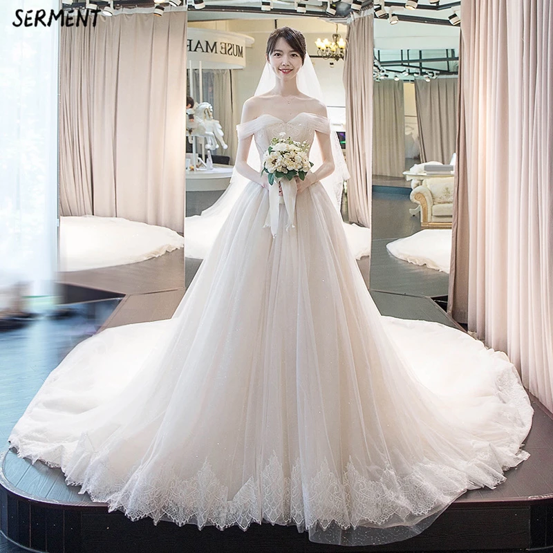 

OLLYMURS Main Wedding Dress 2019 New Bride Champagne Color Shoulder Summer Simple Long Tail French Light Sen Female