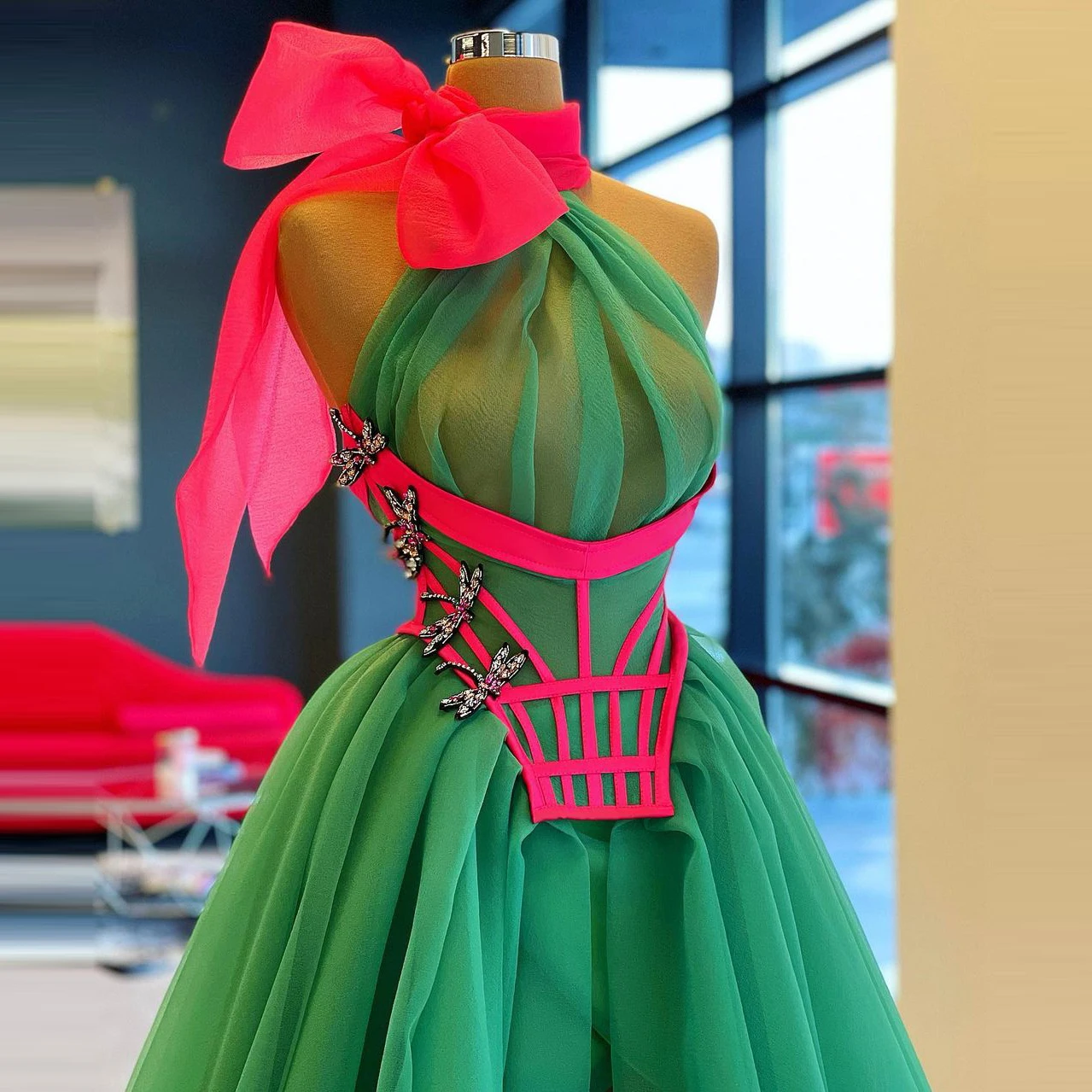 New Arrival Long Tulle Prom Dress Bow High Neck Ruffles With Train Women Elegant Evening Gowns Pageant Custom Made Colorful Gown | Свадьбы и