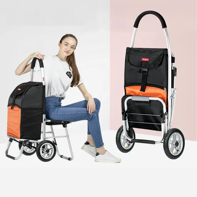 Folding Grocery Shopping Cart With Seat, 20cm Big Inflatable Wheel Portable Multi-Use Luggage Trailer
