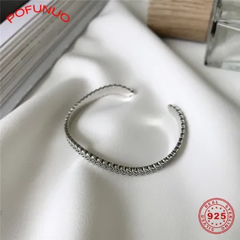 

POFUNUO Women Vintage Style Distressed 925 Sterling Silver Leaf Weaving Bangles Minimalism Handmade Knitting Chic Open Bracelets
