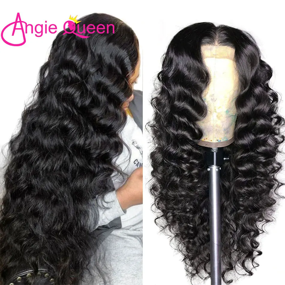 Peruca com o Cabelo do Bebê Fechamento do Laço Perucas de Cabelo Humano para Mulher Angie Rainha Solta Onda Profunda 4x4 Peruca Brasileira Remy Cabelo 180 Densidade 4 Apliques com cabelo humano