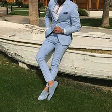 

2022 Hot Sale Notch Lapel Men's Sky Blue Suits Custom Made High Quality Two Buttons Handsome Casual Wear Blazer 2 Pieces Skinny