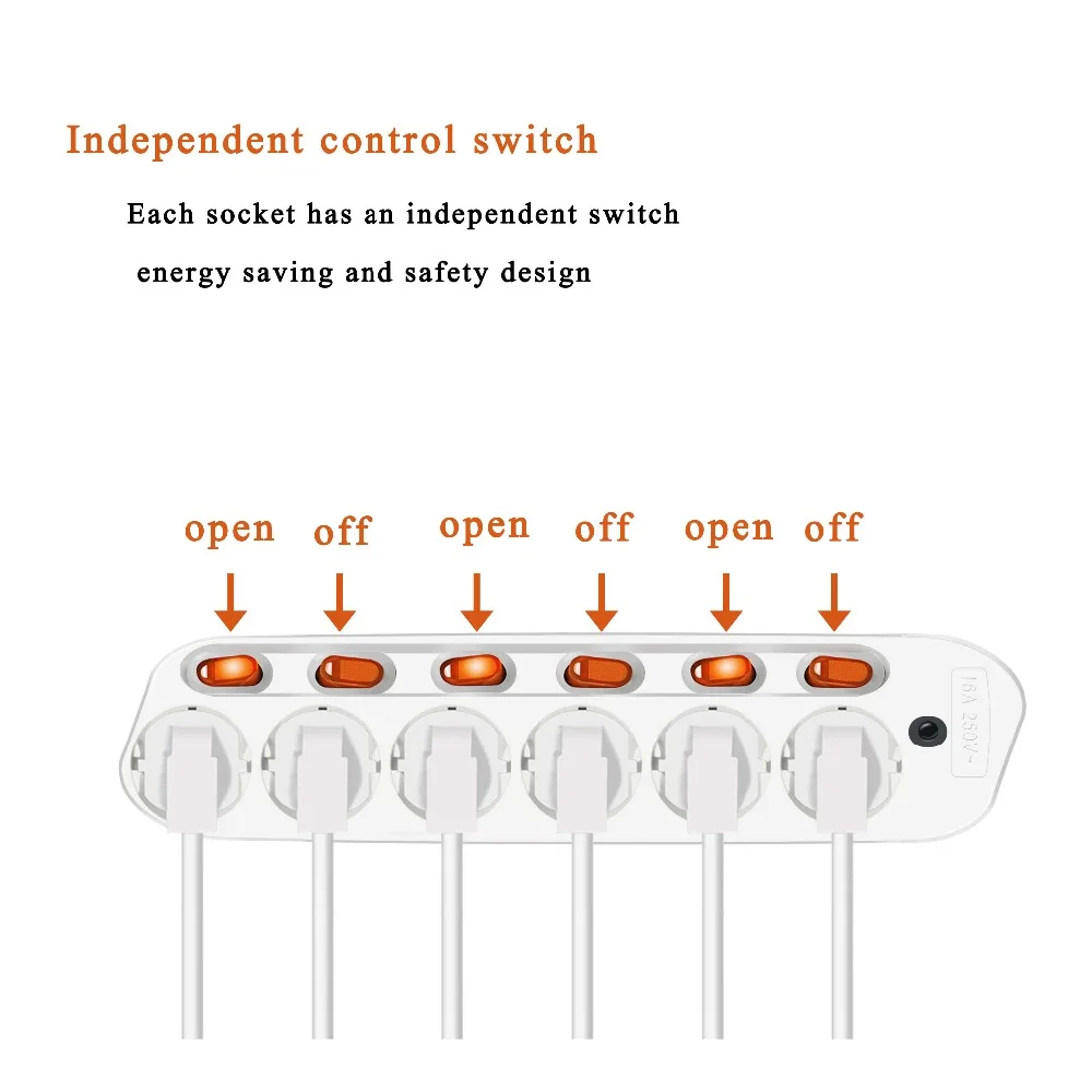 Штепсельная вилка европейского стандарта, 6 розеток, мощность 250 в 16 А, силовая лента, штепсельная вилка европейского стандарта, штепсельная вилка, сетевой адаптер, удлинитель 1,5 м 2,5 м Независимый выключатель
