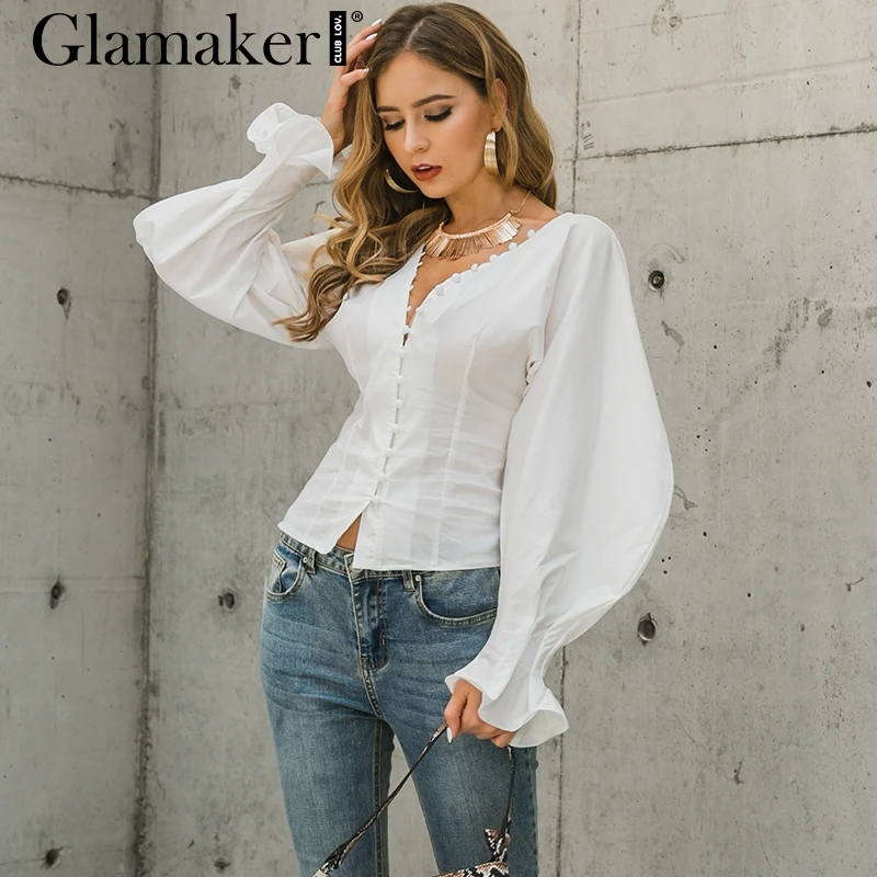Glamaker, плюс размер, рубашка, женская блузка, v-образный вырез, длинный рукав, рубашка, блузка, Женский Топ, зима, Облегающая белая женская блуза, рубашка