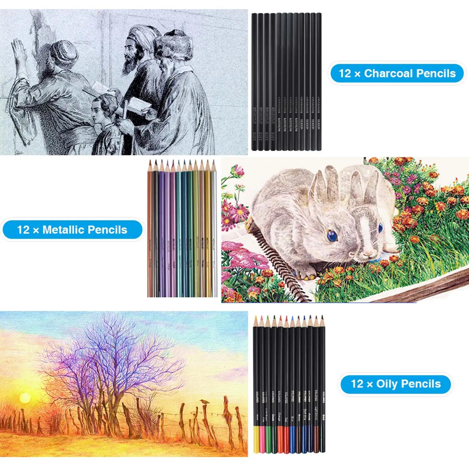 72pcs Drawing Painting Sketch Kit Set with Pencils Erasers Sharpener Carrying Case for Artist Beginner Student Sketching