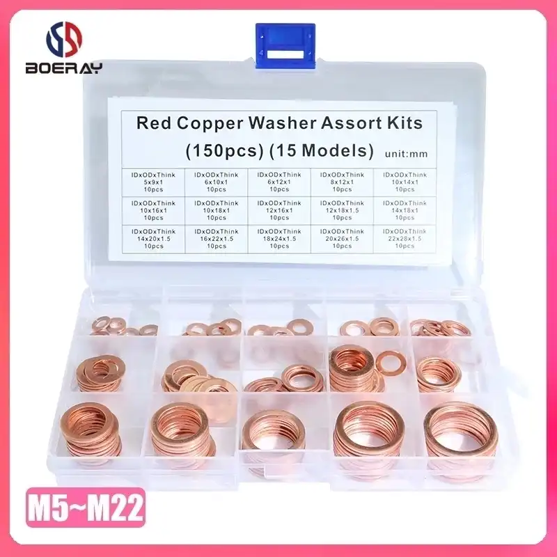 150-300pcs Copper Washer Gasket Set Flat Ring Seal Assortment Kit Box M5-M22