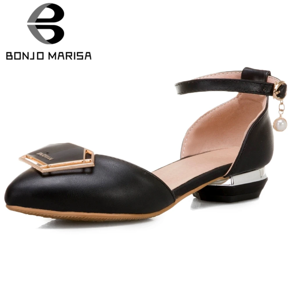 

BONJOMARISA New Ladies Summer Sweet Low Heels Sandals Elegant Concise Metal Decoration Sandals Women Concise Date Shoes Woman