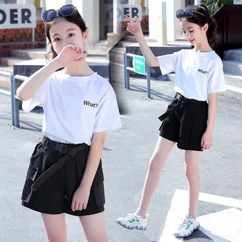 

Girls Clothing Set Summer New Teenage T Shirt + Cotton Shorts With Belt Suit Fashion Short Cargo Pants For Girls Kids Outfits