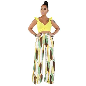 

Fashion New 2 Piece Set Solid Color V Neck Ruffles Sleeve Crop Top Elastic Waist Print Loose Pants Street Casual Sets
