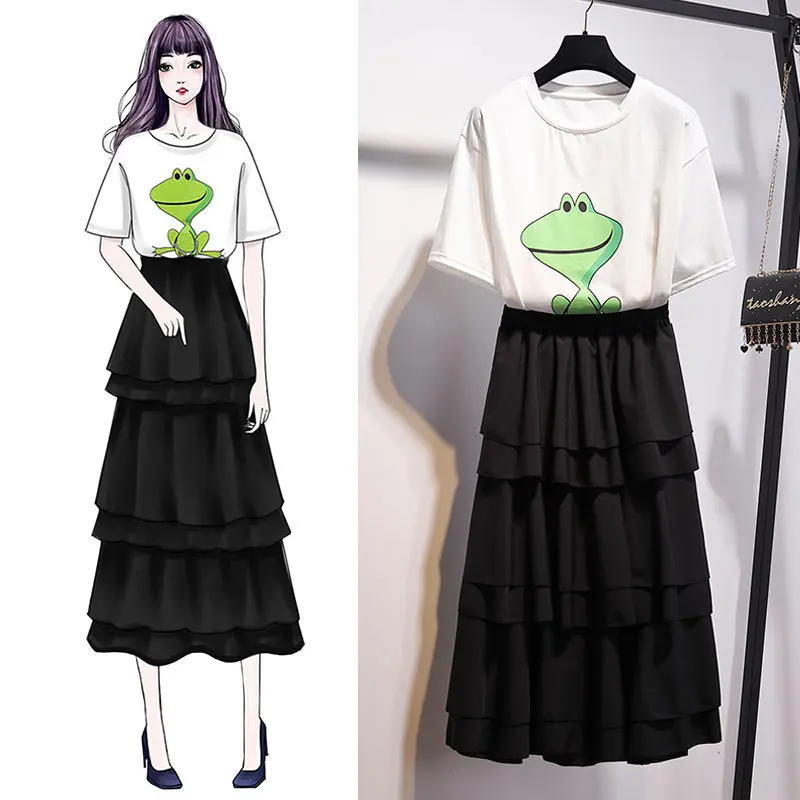 

Hipster T-shirt Long Skirts Two-Piece Women's Summer 2019 Korean-style Students Loose Short Sleeve T-shirt Suit Dress