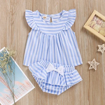 

2020 Hot Sales Fashion Summer New Flying Sleeves Blue White Striped Baby Girl Suit Infant Toddler Clothing