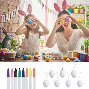 

50pcs Cute Easter Eggs + 8pcs DIY Painting Color Pens Colorful Eggs Ornaments Children Portable Interactive Present