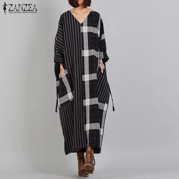 

M 5XL ZANZEA Women Casual V Neck Sundress Spring Long Sleeve Patchwork Dress Fashion Check Striped Long Vestidos Female Tunic