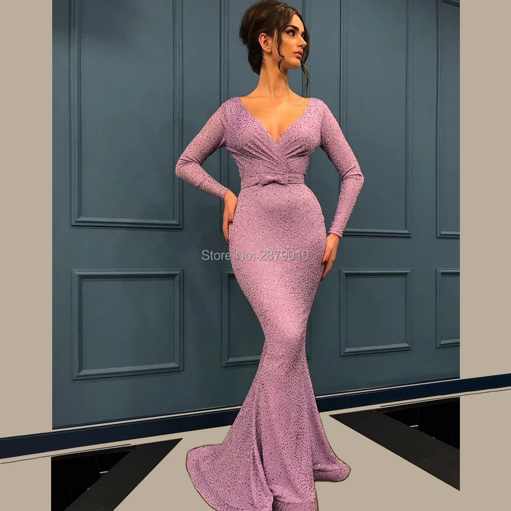 V-Neck Lilac Mermaid/Trump Satin Long Evening Dress Full Sleeves Full-length Sash Metal Spraying Prom Dress Lady Dress Zipper