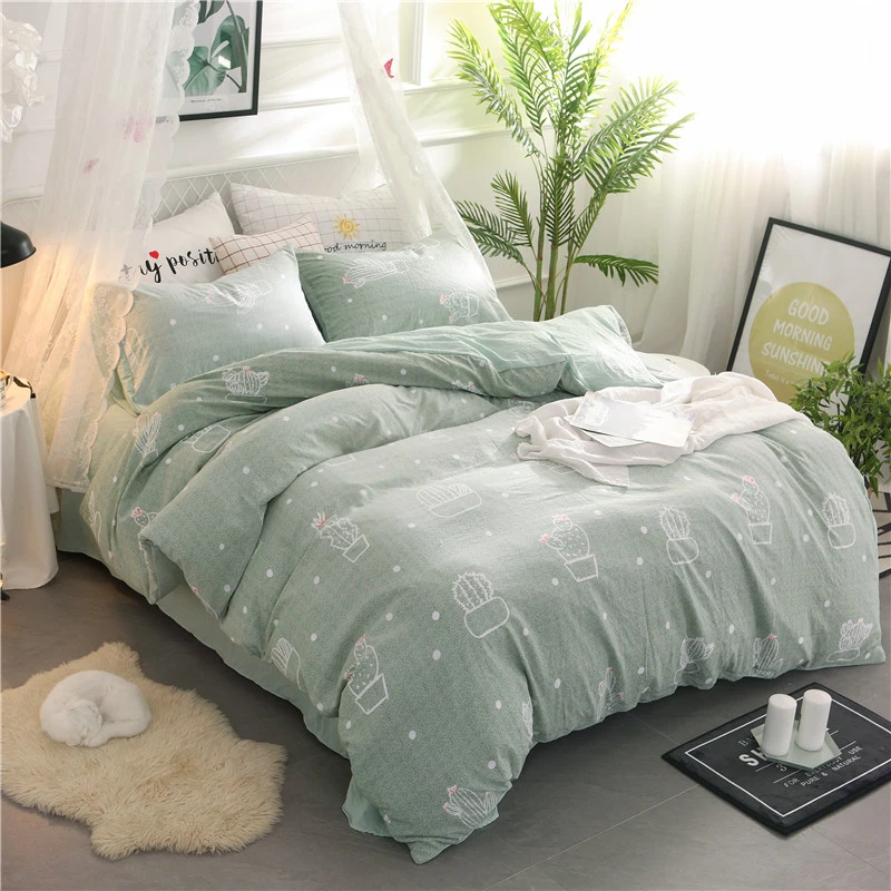

ANNAs Good Stuff 2019 Hotsale Washed Cotton Bedding Set Castus Printed Quilt Cover SolidColor Green Bedsheet King Bed Cover 4pcs
