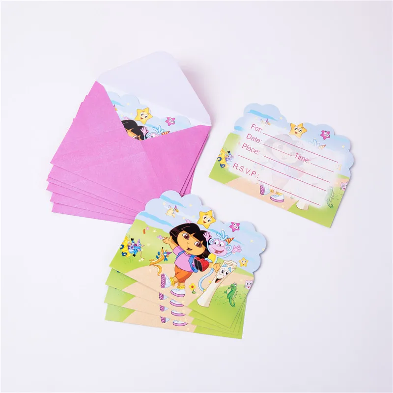 Inviting Card(6pcs) Вечерние одноразовые столовые приборы с рисунком Даши-путешественницы, бумажные тарелки, салфетки, баннеры, соломинки, для дня рождения ребенка - Цвет: Inviting Card(6pcs)