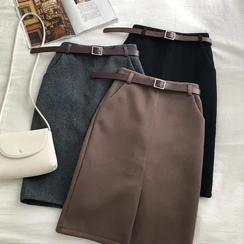

England Solid Sashes Women Skirt Casual Autumn Pockets High Waist A-line Skirt Females Knee Length Office Ladies Skirts Thick