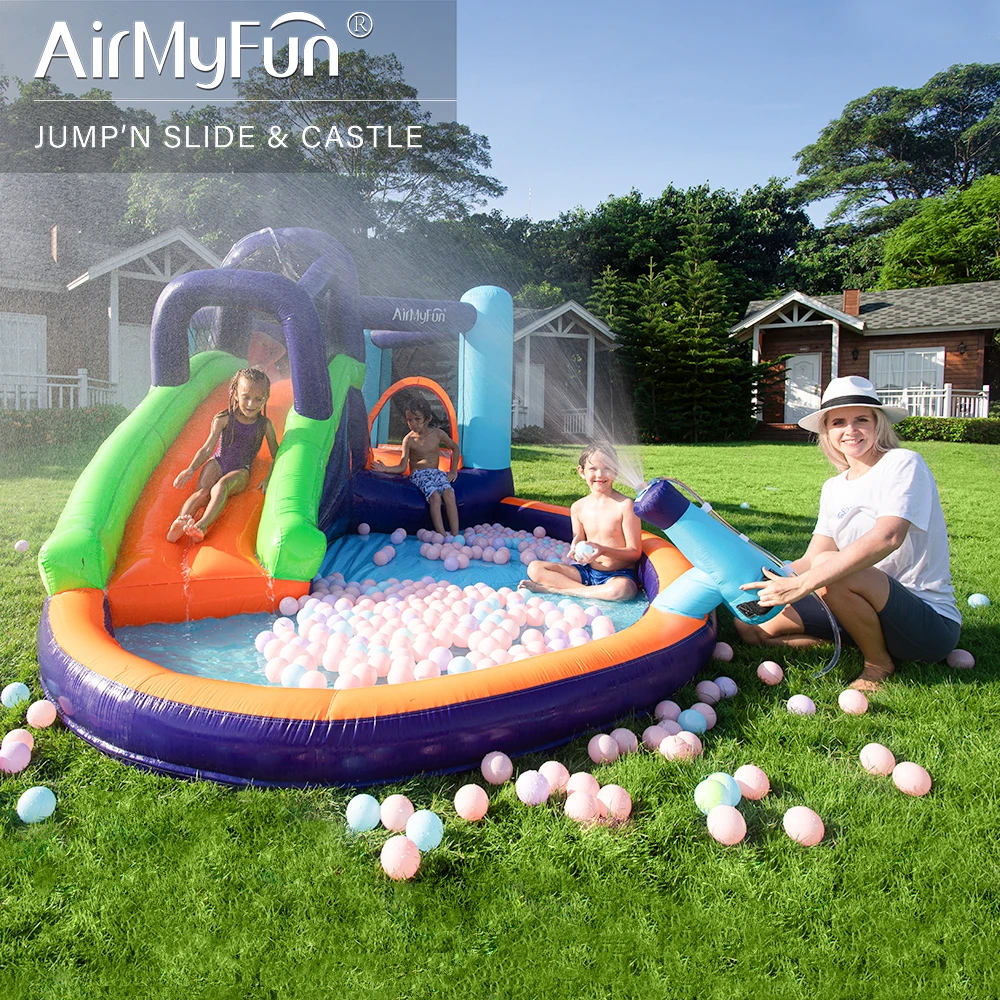 AirMyFun Inflatable Bounce House, Water Spray for Summer Time, Jumping Castle with Slide, Playhouse Concludes Air Blower infant water play mat safe and harmless inflatable activity center spray water pad fun time play activity center for your infant