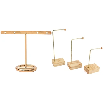 

1pcs T-Shape Earrings Showcase Stand Golden & 1 set Solid Wood Metal Earrings Display Holder Three-Piece Rack