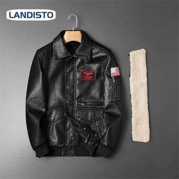 

LANDISTO Plus velvet men jacket thick leather jacket men men's jacket PU jacket men clothing badge embroidery Moto style