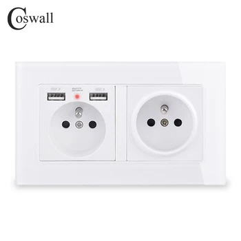 

COSWALL Double French Standard Wall Socket With 2 USB Charge Port Hidden Soft LED Indicator Crystal Glass Panel Black White Grey