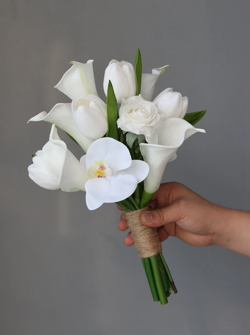 Vintage White Calla Lily Tulip Phalaenopsis Elegant bunch of flowers Wedding Decoration Bouquet Fleur Artificielle Mariage