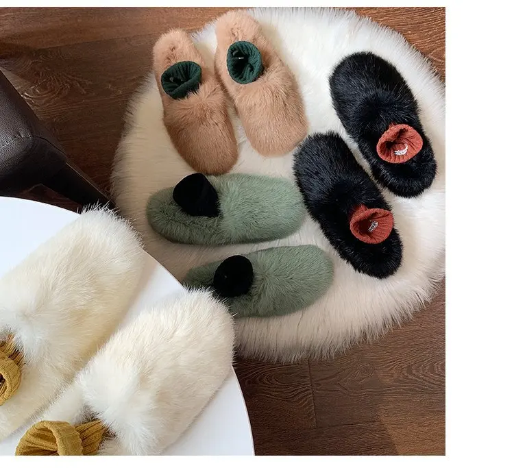 long furry rabbit hair lazy loafers comfortable soft soled casual flats winter luxury fur warm women moccasins slip on loafers
