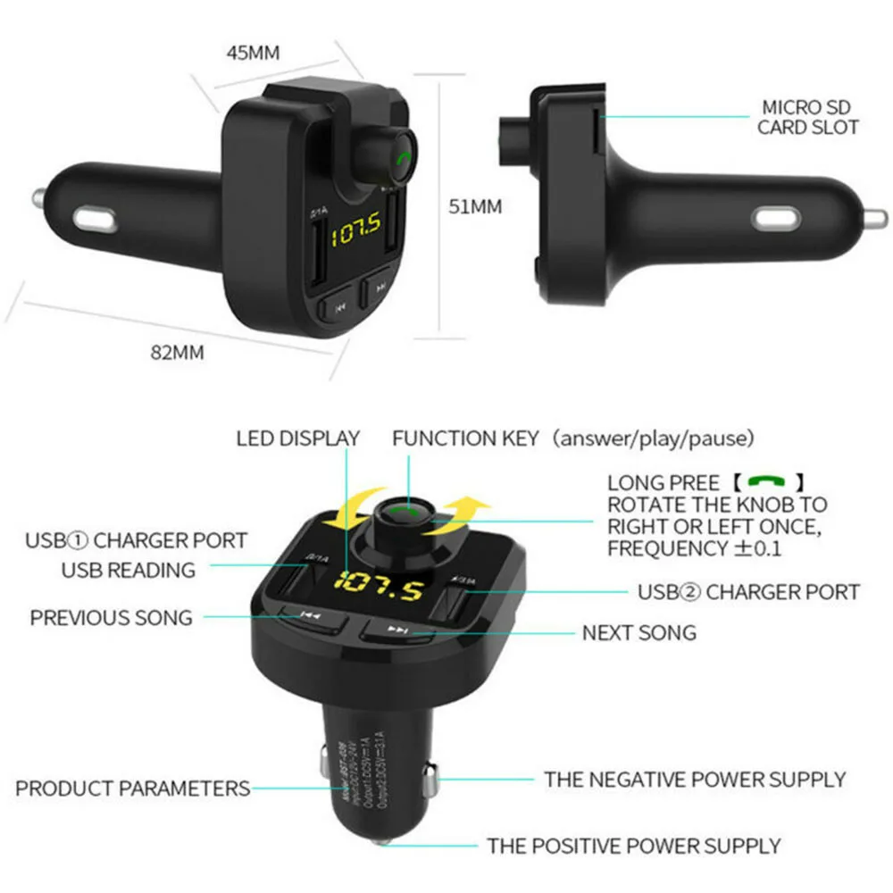 Fm-передатчик Bluetooth 5,0 Автомобильный MP3-плеер адаптер батарея напряжение снижение шума TF карта Hands-free Dual USB зарядное устройство
