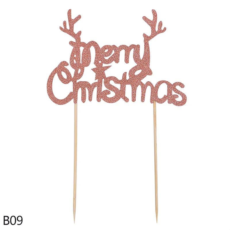 10pcs Merry Christmas Cake Topper Cute Elk Christmas Tree Snowman Paper Cupcake Toppers DIY Happy New Year Xmas Party Cake Decor - Color: b09
