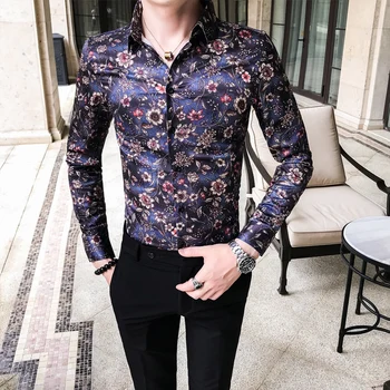 

High Quality Floral Shirt Men Slim Fit Long Sleeve Casual Male Shirts Digital Print Night Club Prom Tuxedo Shirt Blouse Homme