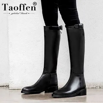 

TAOFFEN Genuine Leather High Quality Knee High Boots Office Ladies Retro Keep Warm Long Boots Zipper Shoes Woman Size 33-40