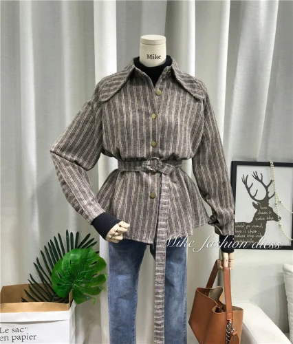 khaki Весна новая корейская мода камвольная полосатая рубашка Женский Тонкий длинный рукав кардиган шерстяная блузка женские топы - Цвет: khaki