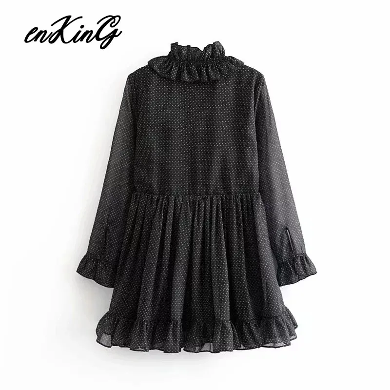 women elegant dots print mini za dress straight style long sleeve ruffles design female streetwear dresses vestidos - Цвет: Black