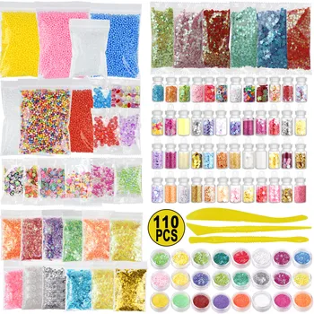 

110Pack DIY Slime Making Kit Children's DIY Supplies Colorful Foam Ball Granules Flat Beads Gold Powder Candy Paper Handmade Toy