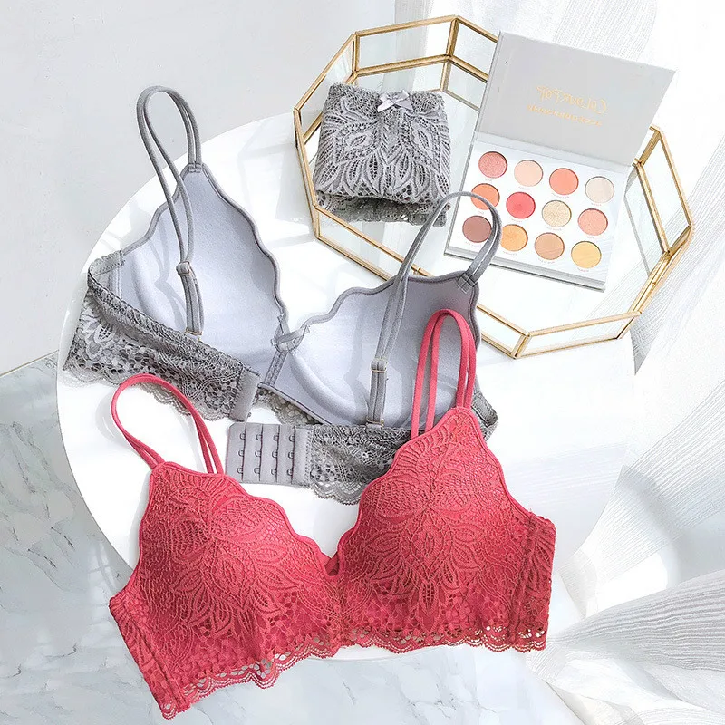 

Roseheart Women Fashion Gray Yellow Lace Bow Bra Set Straps Bralette Cotton Panties Wireless Underwear Sexy Lingerie Sets A B