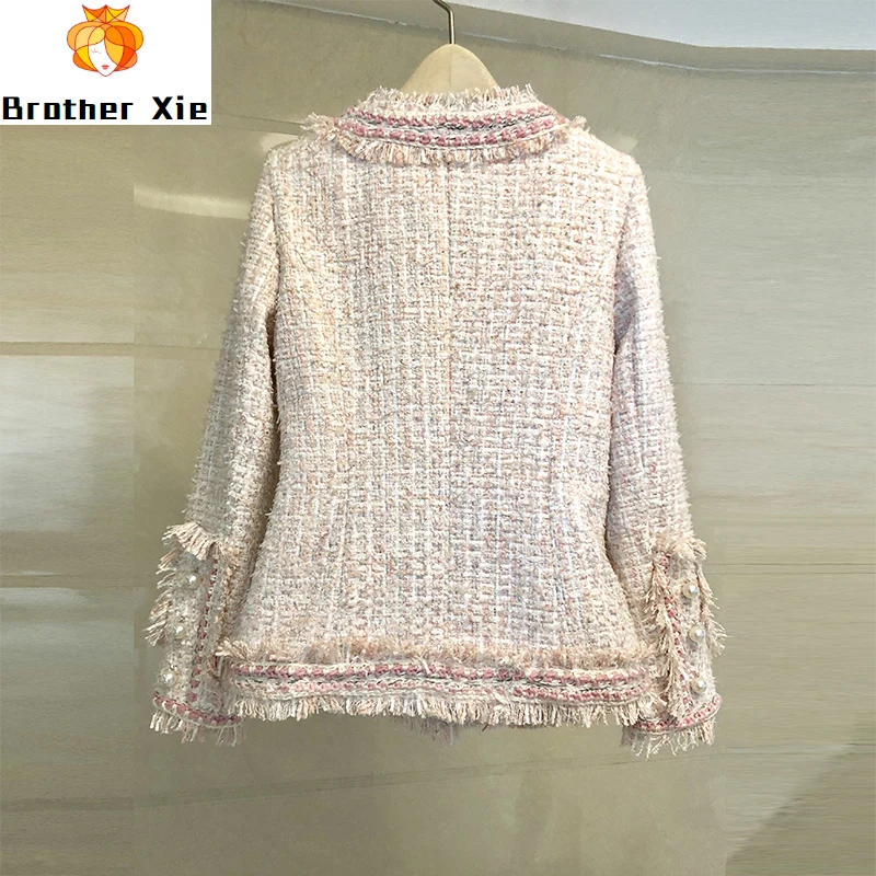 

2020 Europe autumn coat outside sweet tassel v-neck woven short suit wool coats ribbon tweed tassel woolen cloth coat female
