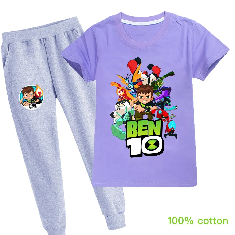 Ben10/Новинка; сезон весна-осень; детская хлопковая футболка с короткими рукавами и рисунком для девочек+ брюки; Детский костюм; одежда унисекс