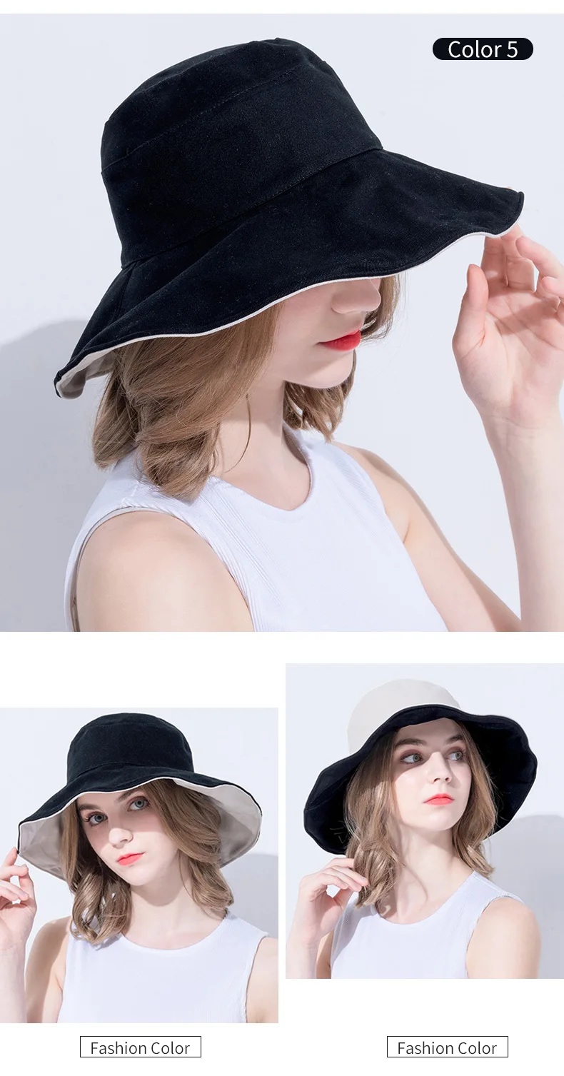 Хлопковая Панама для женщин, двусторонняя широкополая струна, однотонные кепки для рыбаков, летняя солнцезащитная, ветронепроницаемая уличная шляпа-ведро