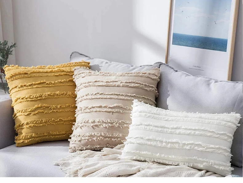 

White Cushion Cover Floral Tassels Square Pillow Case Black Yellow Ivory Grey Cotton Pillow Cover 45x45cm Home Decoration Sofa