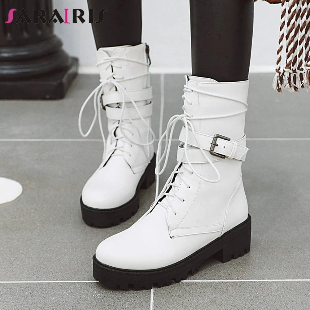 

SARAIRIS Female Black mid-calf Boots Street Attractive Med Chunky Heels Boots Women Cool Street lace-up High Top Shoes Woman