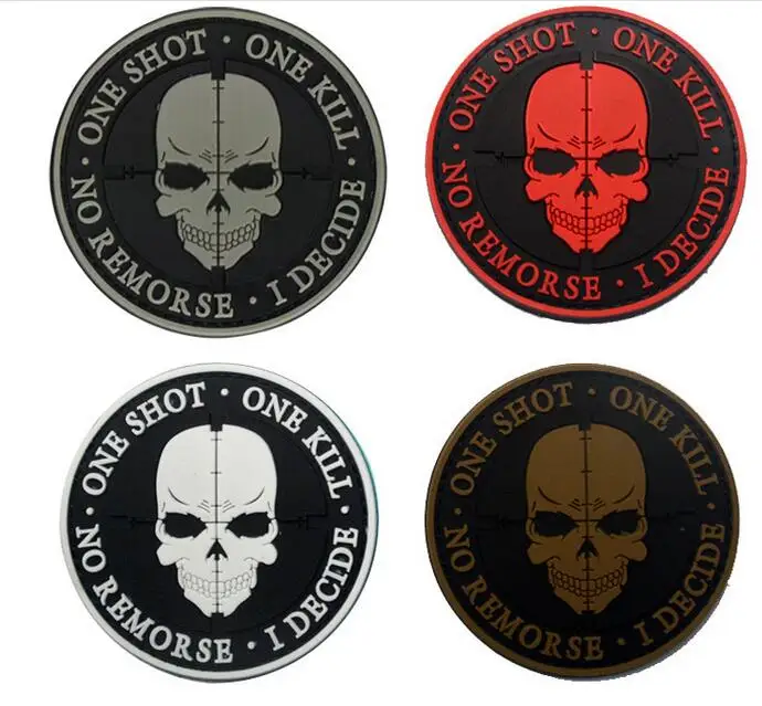 

CREATRILL 3D PVC One Shot One Kill Patch Tactical Military Morale Patches Combat Appliques Rubber Skull Badges Hook Back