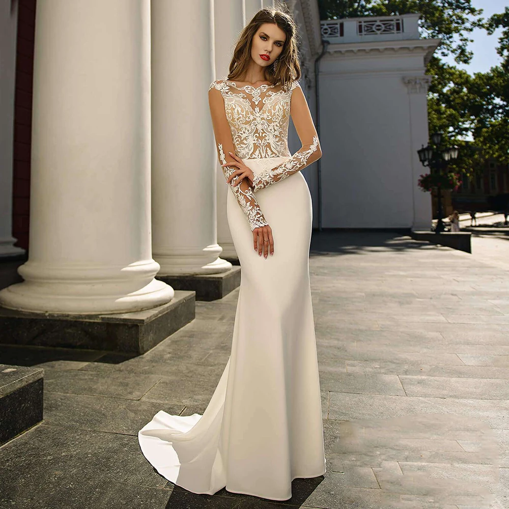 PROD 1005003280768966 Sexy Mermaid Wedding Dress 2021 Long Sleeves Lace
Appliques Boat Neck Illusion Sweep Train Backless Bridal Gown Vestido
Noiva
