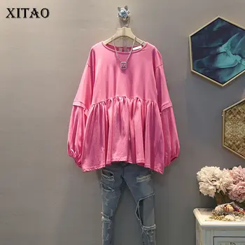 

XITAO Elegant Casual Fashion Pleated T Shirt Women Clothes 2020 Fashion Plus Size Match All Pullover Full Sleeve Tee Top DMY2867