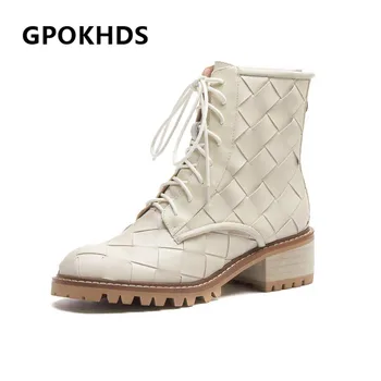 

GPOKHDS 2021 women Ankle boots Cow leather Winter short plush Round Toe Zipper Med heels female Riding boots size 40